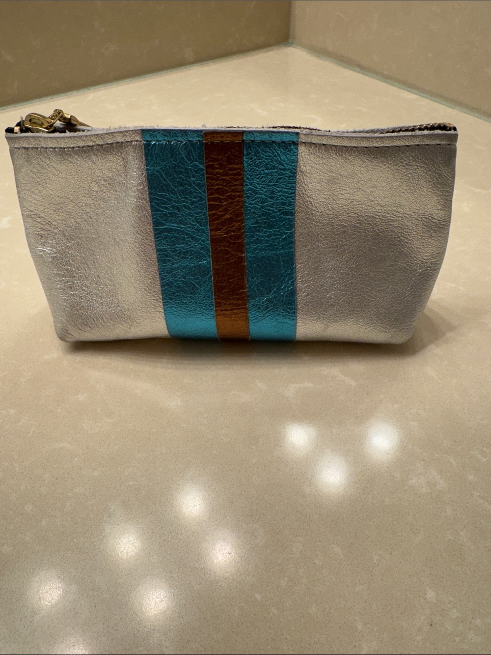 Silver Leather Cosmetic Pouch with Turquoise and Brown Stripes